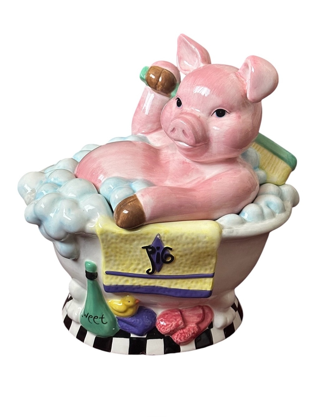 Pink Pig In Bubble Bath Tub Cookie Storage Jar Large Ceramic Kitchen Decor AS IS